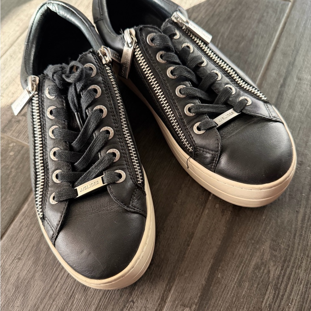 J Slided Black Leather Sneakers with Zipper Detail